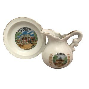 Six Flags Over Georgia Miniature Pitcher & Plate 1970s Crystal Pistol & Carousel